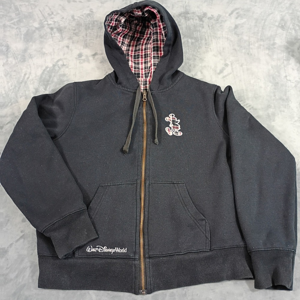 Walt Disney World Reversible Mickey Mouse Plaid Zip Up Hoodie Navy Red Women M